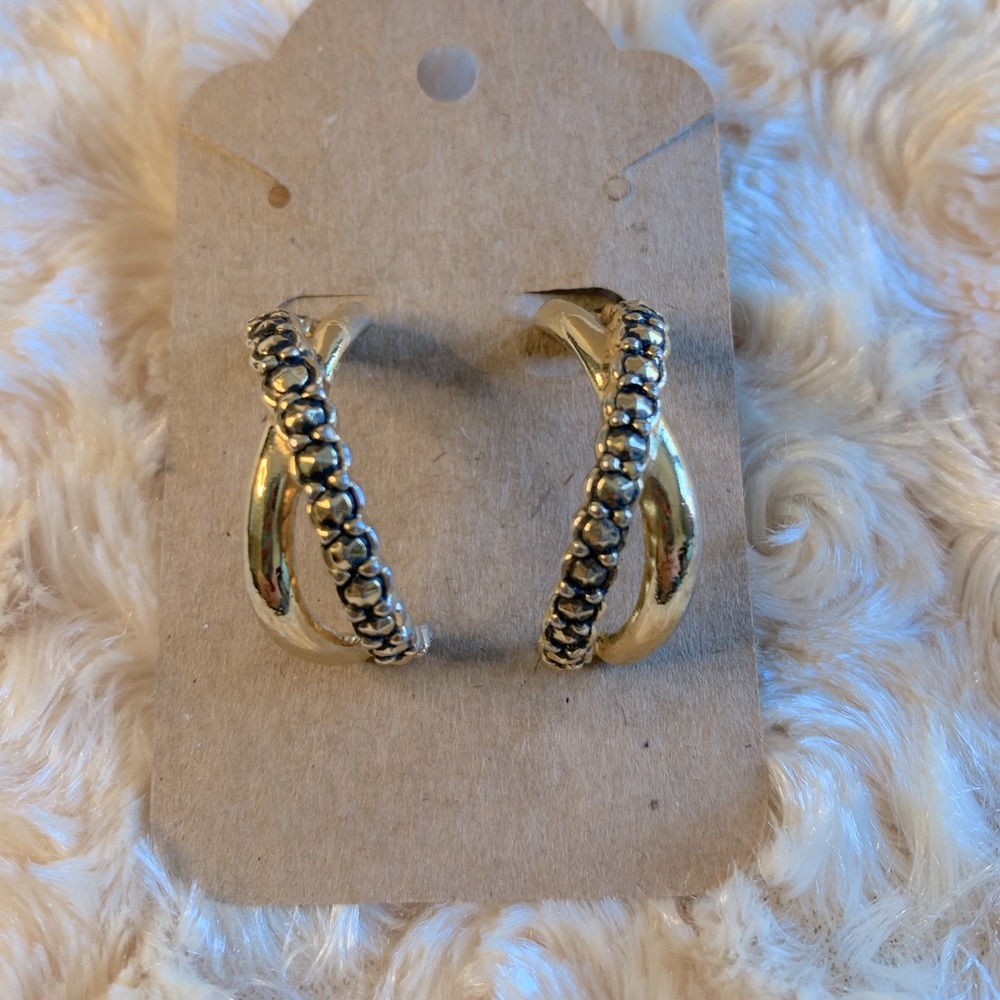 Avon Boho Gold Tone Kiss X Crisscross Half Hoop Earrings